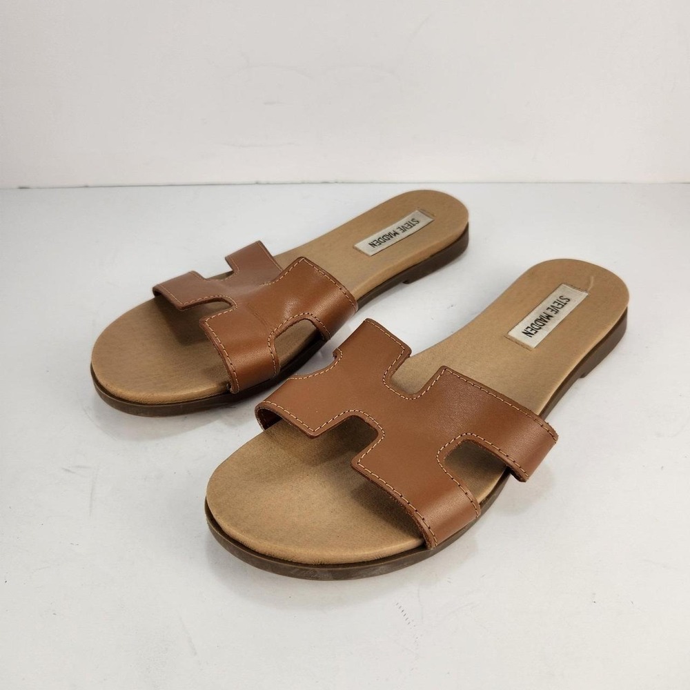 Steve Madden Women's 9M Brown Cognac H Cutout Slide Sandals Flat Slip On